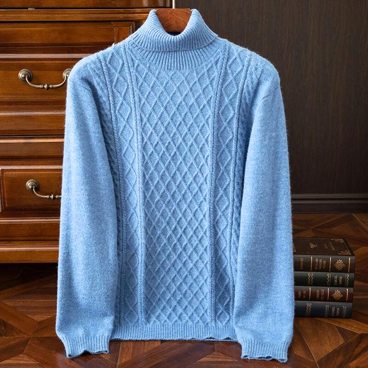 Men's warm cable knit turtleneck, perfect for winter fashion & fall style. Cozy men's apparel.