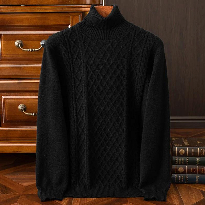 Luxurious men's diamond cable knit turtleneck. Cozy, warm sweater & stylish layering piece.