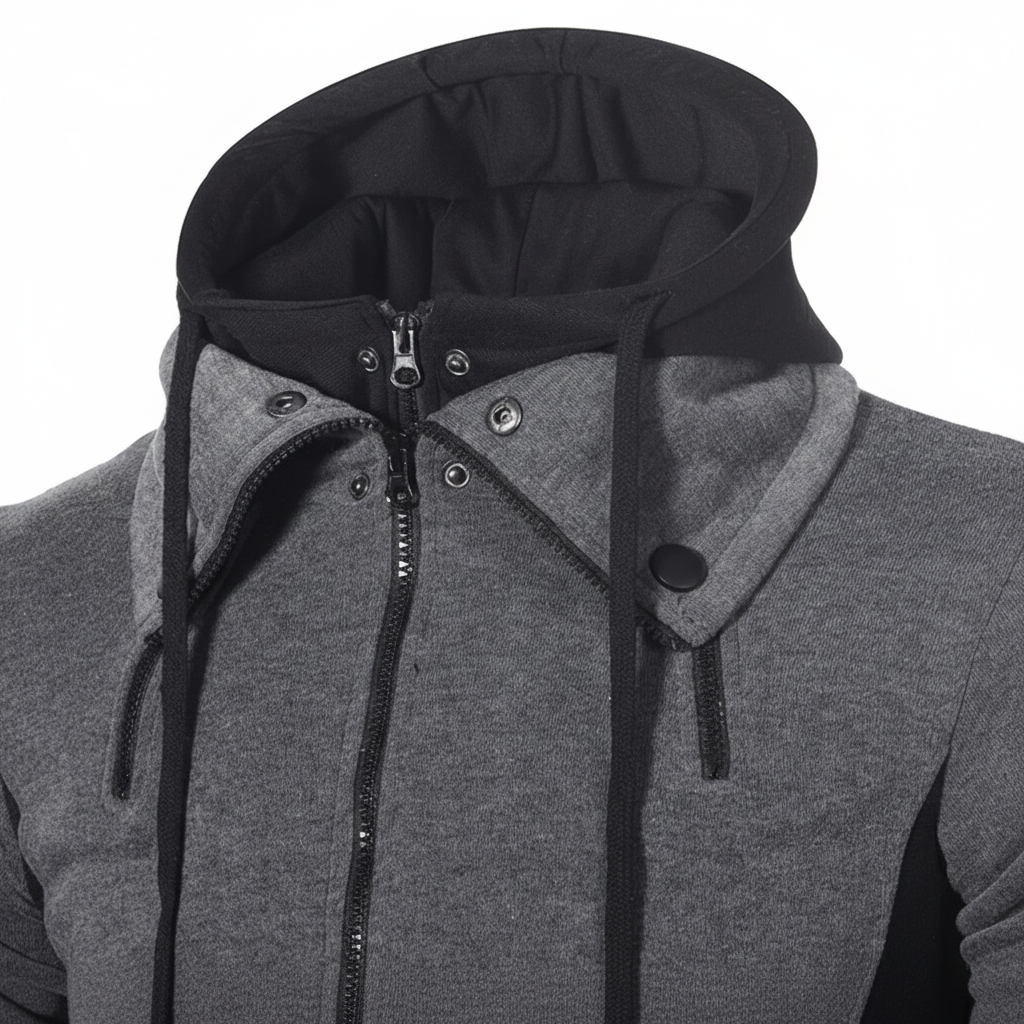 Warm men's winter fleece jacket with hood and full zipper closure