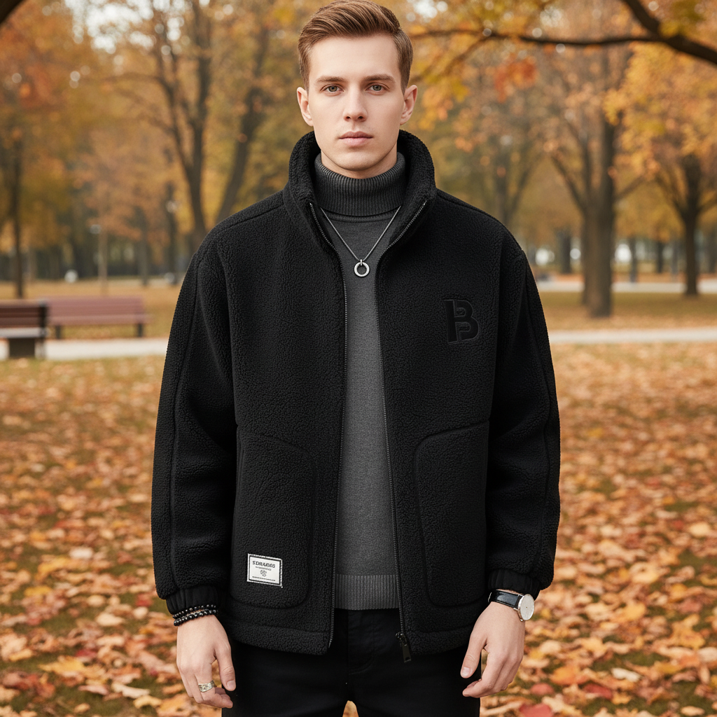 Men's cozy fleece jacket, Lennard style, with high collar in dark grey. Ideal warm winter outerwear.