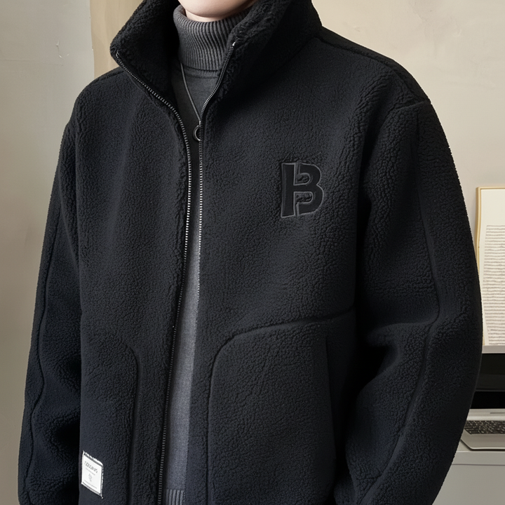 Front view of men's Lennard fleece jacket with high collar, perfect cozy winter coat. 