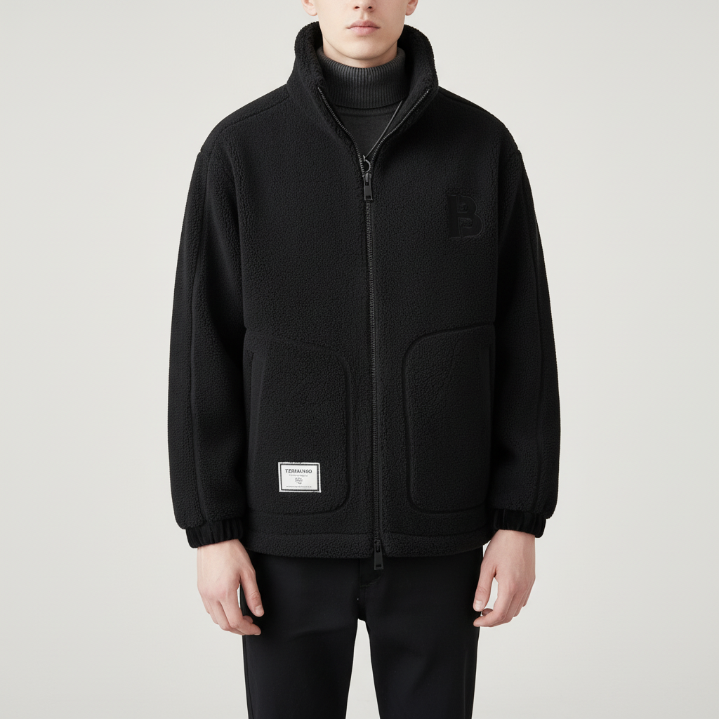 Close-up of a men's high collar fleece jacket (Lennard style), showing soft texture. Warm & casual.