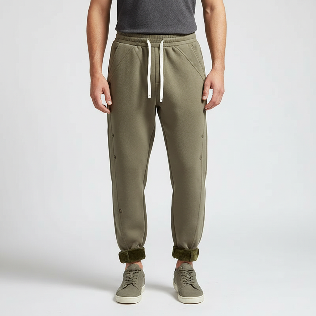 Close-up of soft fleece fabric on men's jogging pants with an adjustable drawstring waist