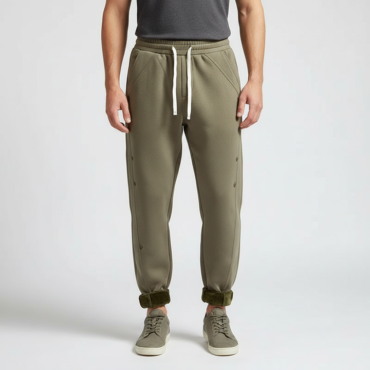 Close-up of soft fleece fabric on men's jogging pants with an adjustable drawstring waist