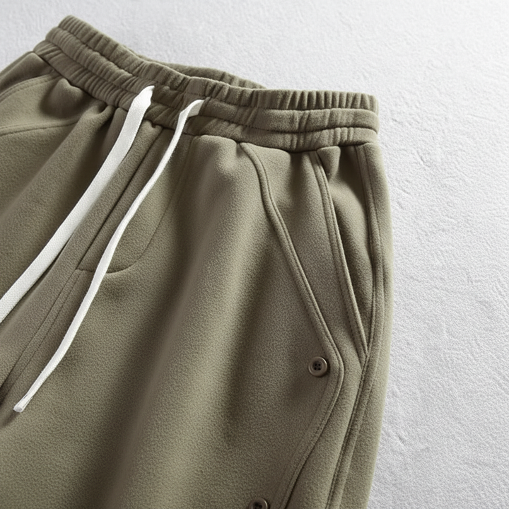 Model wearing casual men's fleece joggers, showcasing comfortable fit for winter loungewear