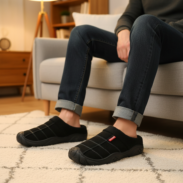 Men's cozy fleece-lined house slippers, brown, non-slip sole, perfect for winter indoor wear