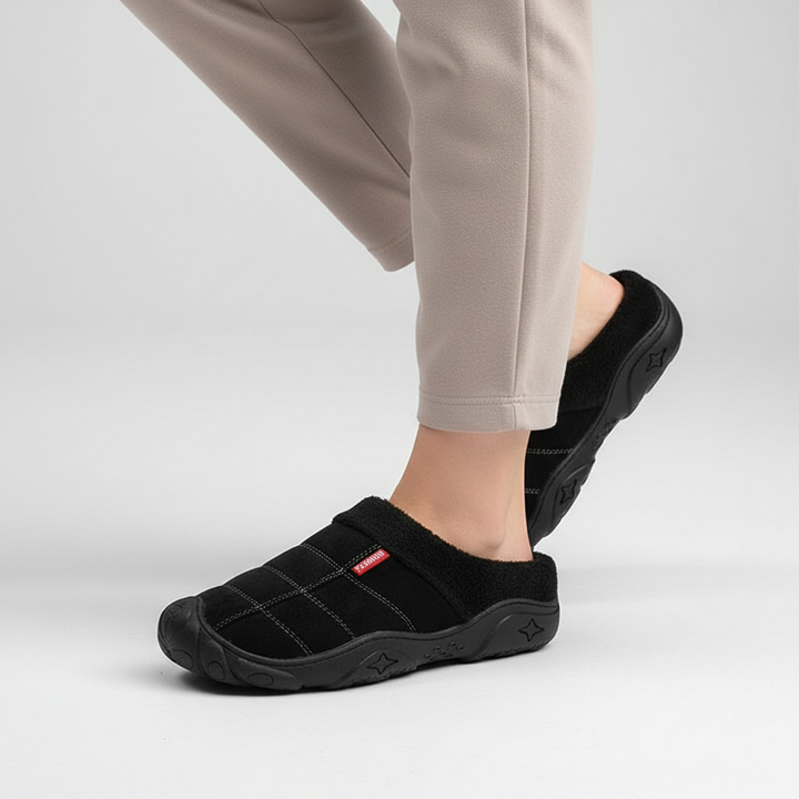 Close-up of men's warm fleece-lined slippers, gray, with soft interior and durable non-slip sole