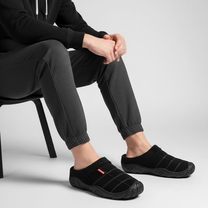 Stylish men's house slippers with thick fleece lining, dark blue, featuring a non-slip design