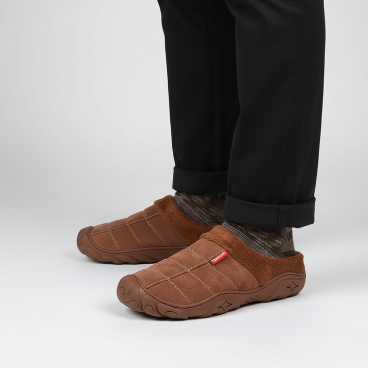 Warm indoor footwear for men, gray fleece-lined slippers offering coziness and non-slip security
