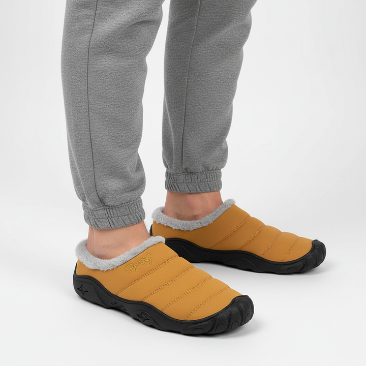 Luxurious men's cozy slip-on slippers, fleece-lined in beige, designed for ultimate home comfort