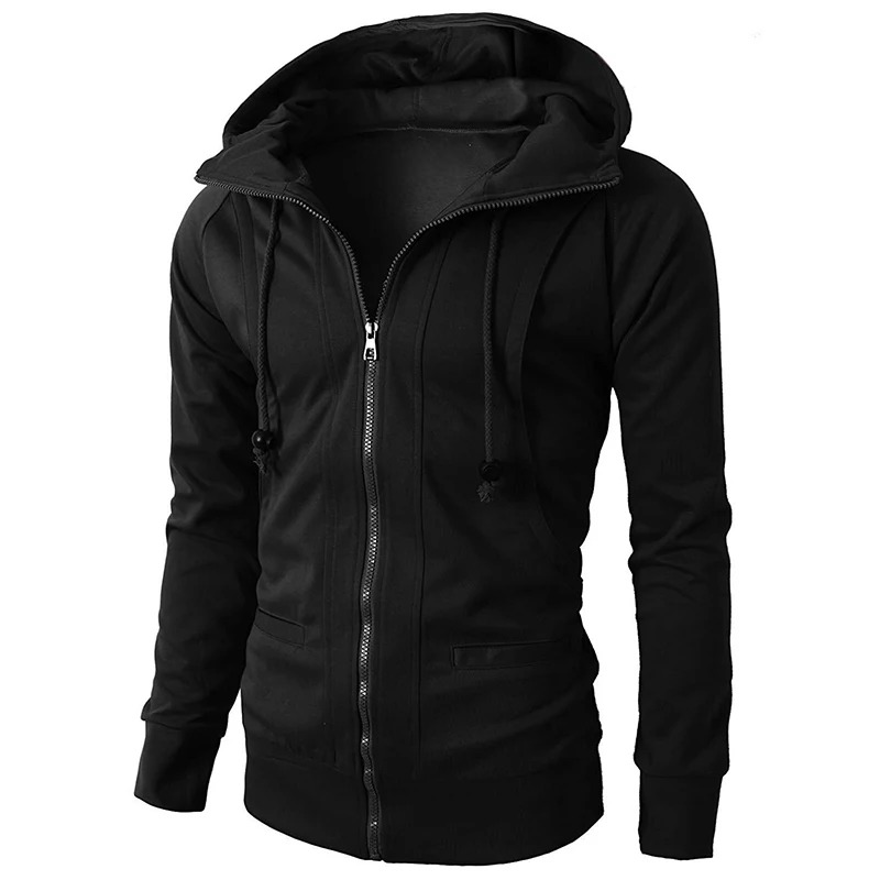 Comfortable men's black full-zip hoodie with adjustable hood and pockets for versatile everyday wear.