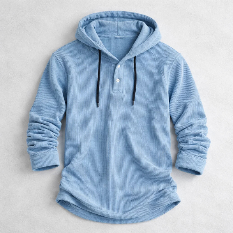 Men's cozy Henley hoodie, perfect for winter warmth & comfort.
