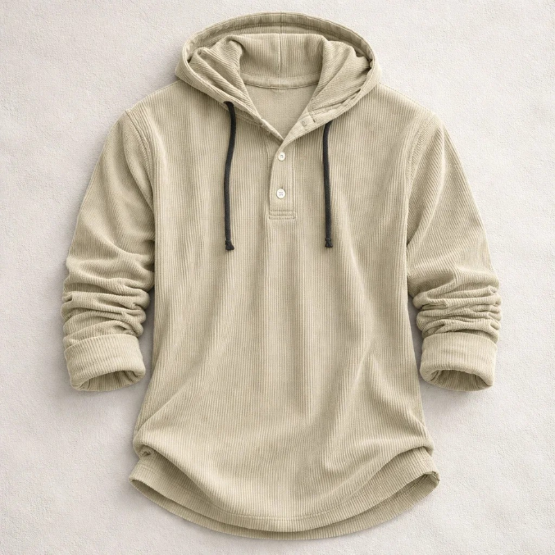Stylish men's Henley hoodie, relaxed fit, ideal for casual winter wear & layering.