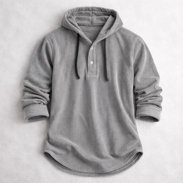 Comfortable men's cozy hoodie, a warm Henley top for everyday winter style.