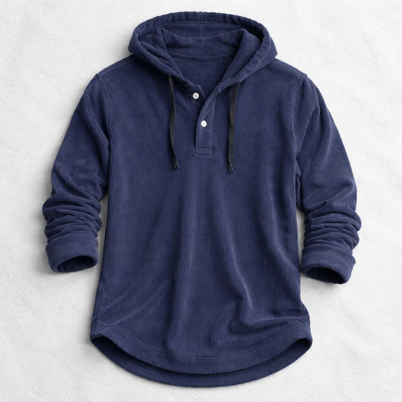 Relaxed fit men's Henley hoodie, a warm and cozy top for winter fashion.