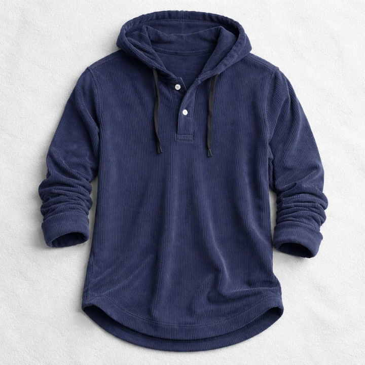 Relaxed fit men's Henley hoodie, a warm and cozy top for winter fashion.