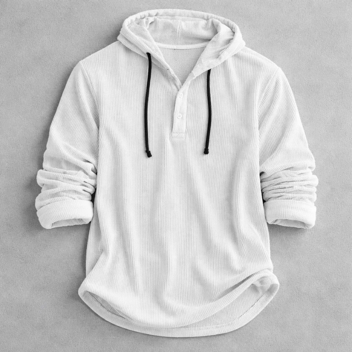 Men's stylish Henley hoodie, a comfortable & warm casual wear layering piece for winter.