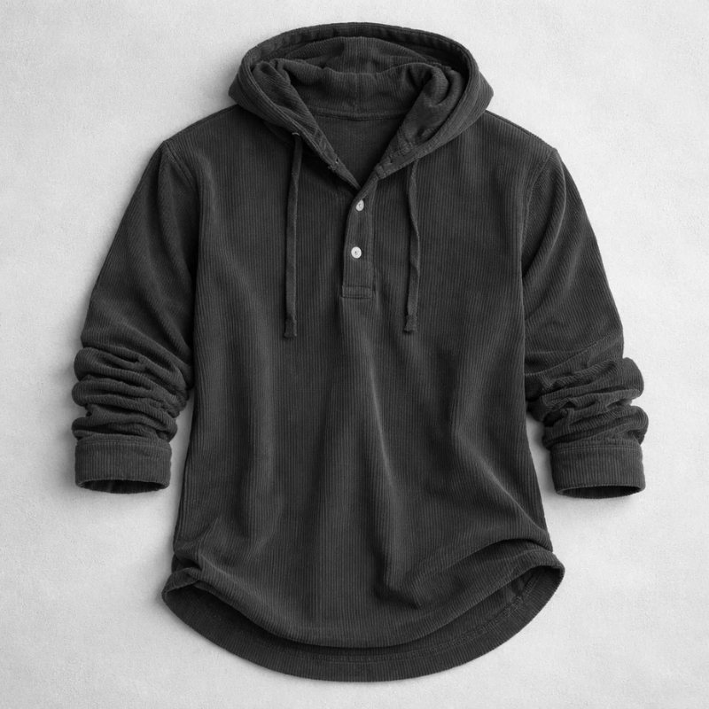 Cozy men's Henley hoodie, essential warm top for winter fashion and everyday comfort.