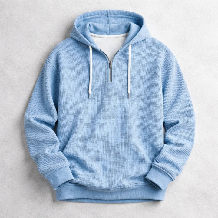 Comfortable men's warm Henley pullover hoodie, ideal for cozy casual wear and outerwear in colder weather.