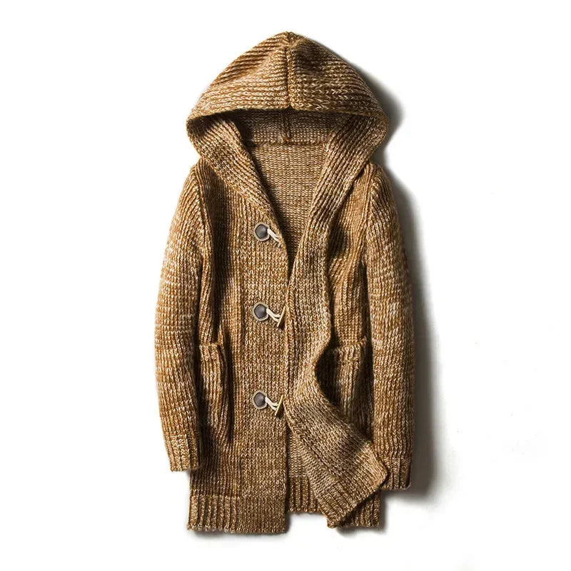 Men's cozy hooded camel cardigan with stylish toggle closure. Perfect warm layer for casual cold weather.