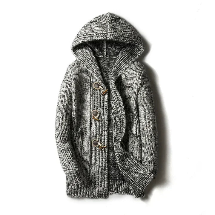 Comfortable gray hooded men's cardigan with toggle closure, ideal for cozy casual layering in cold weather.