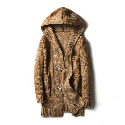 Men's cozy hooded cardigan with toggle buttons, ideal for casual winter layering & warmth.