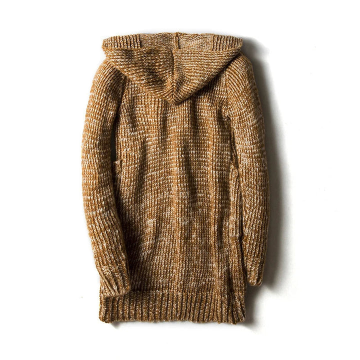 Stylish men's hooded cardigan with cozy fabric and classic toggle buttons for winter comfort.