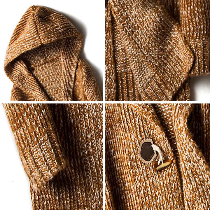 Warm men's knit hooded cardigan with toggle button closure, perfect for fall/winter outerwear & casual style.