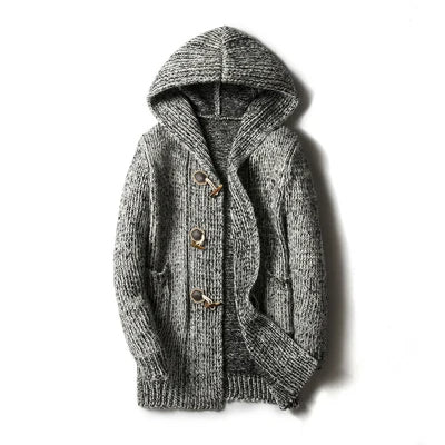 Men's hooded toggle cardigan in a cozy knit fabric, ideal for stylish layering in cool autumn and winter.