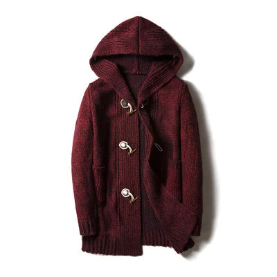 Cozy men's hooded cardigan with unique toggle buttons, a comfortable layering piece or light winter outerwear.