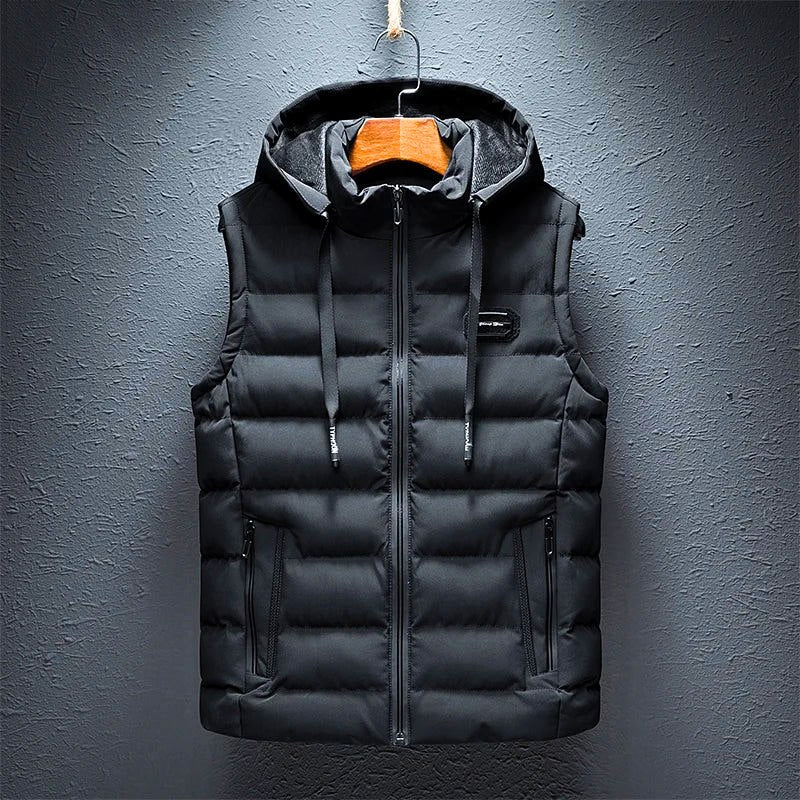 Padded men's hooded vest with full zipper & pockets. Lightweight, warm for outdoor activities & casual style.