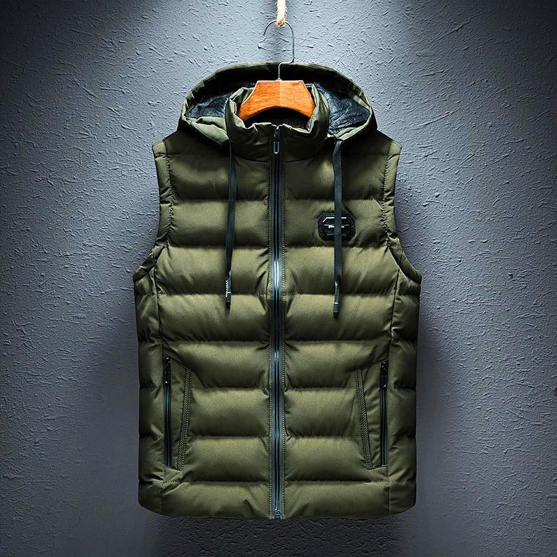 Versatile men's hooded zipper vest with pockets. Lightweight, warm, perfect for autumn & winter outdoor layering.