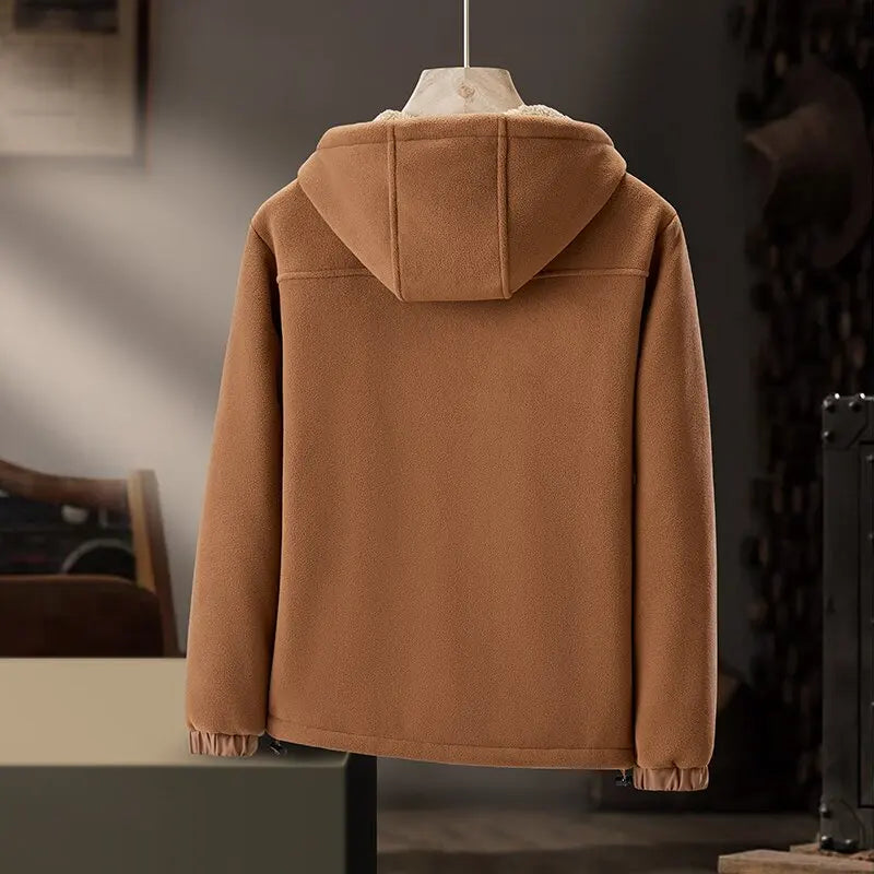 Stylish men's hooded winter jacket with minimalist design and practical zipper pockets.