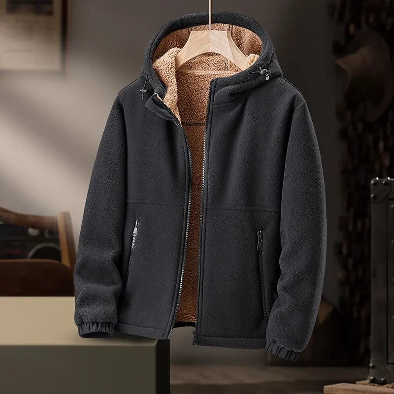 Cozy men's winter jacket, hooded for warmth and everyday comfort in cold weather.