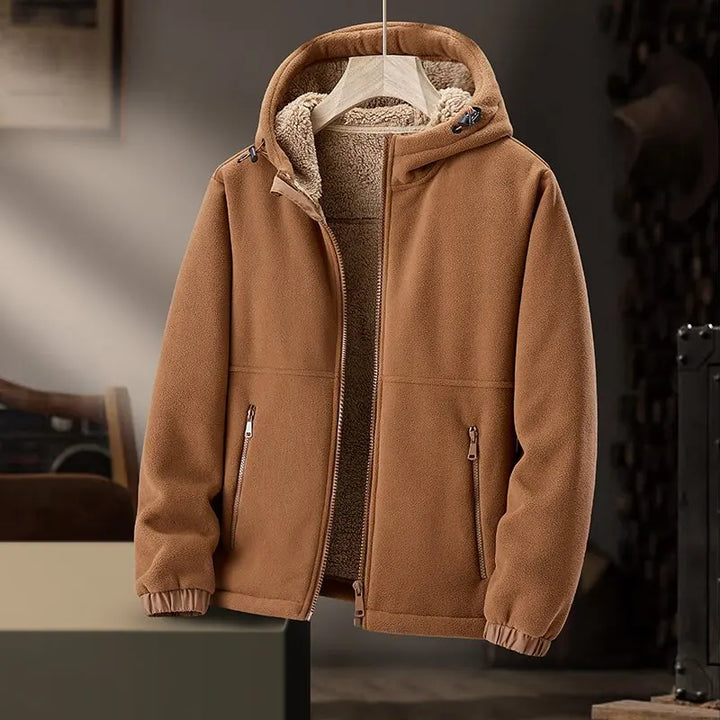 Minimalist men's hooded winter jacket, a stylish casual outerwear choice for men.