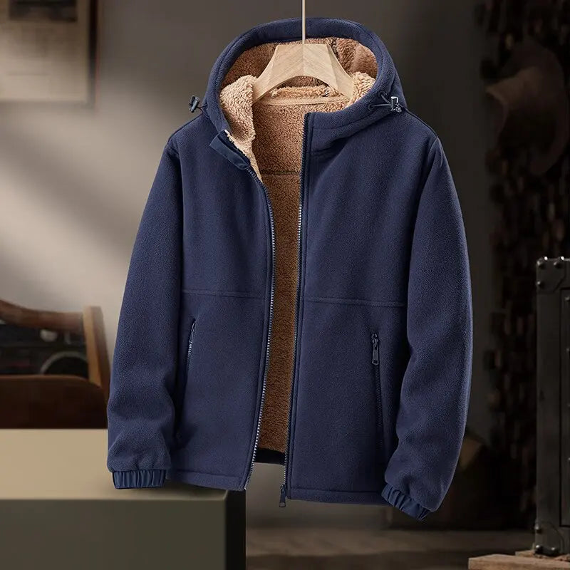 Warm men's hooded winter jacket featuring cozy fabric and secure zipper pockets.