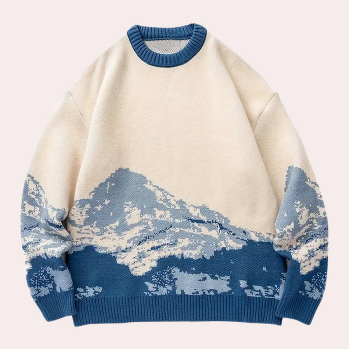 Men's cozy knit sweater with a detailed mountain pattern, ideal for winter casual wear & outdoor adventures.