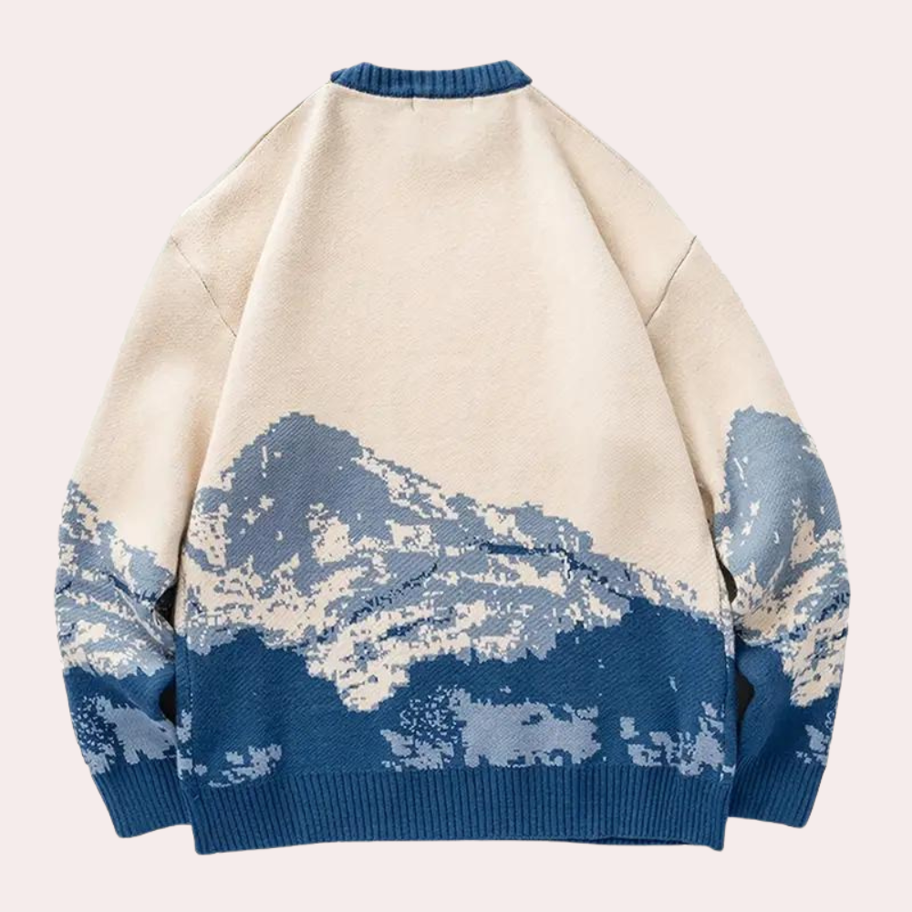Warm men's long-sleeve pullover featuring a stylish mountain design, perfect for autumn and winter fashion.