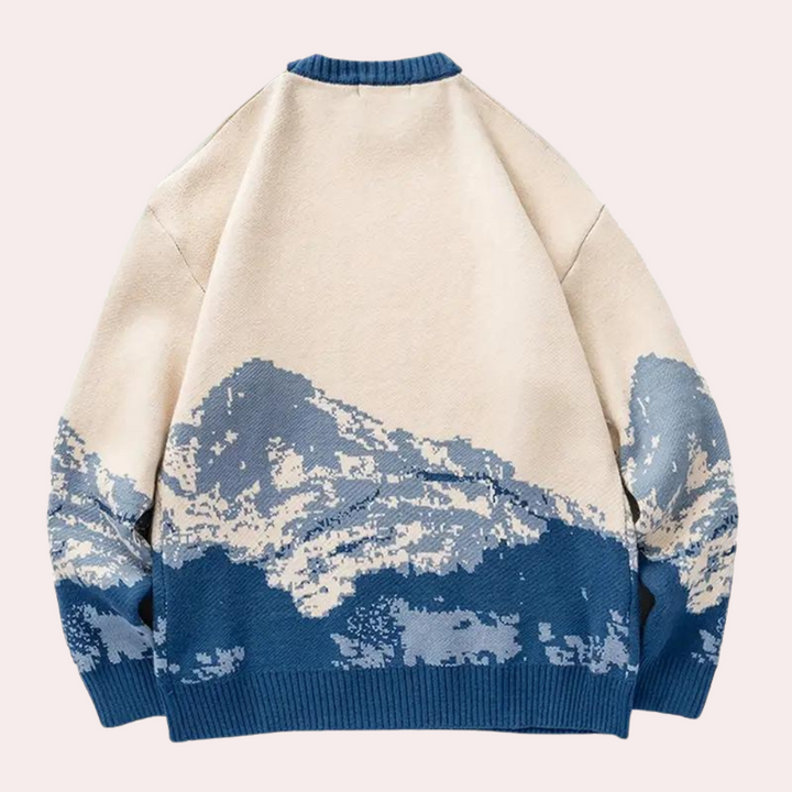 Warm men's long-sleeve pullover featuring a stylish mountain design, perfect for autumn and winter fashion.