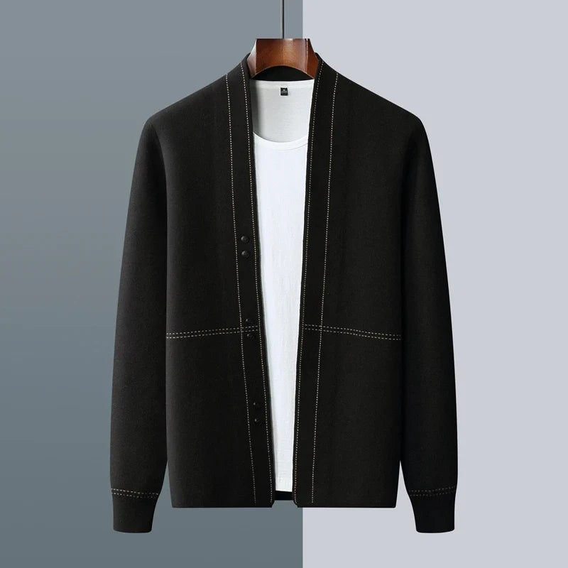 Stylish green men's long knit cardigan, ideal for comfortable layering & smart casual men's apparel.