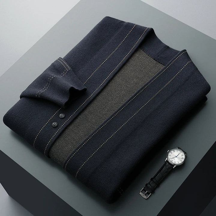 Cozy men's long knit cardigan, offering warmth & comfort, a perfect men's apparel choice for cool days.