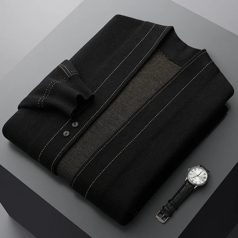 Men's long cardigan styled for comfort & warmth, a key piece of men's apparel for a relaxed look.