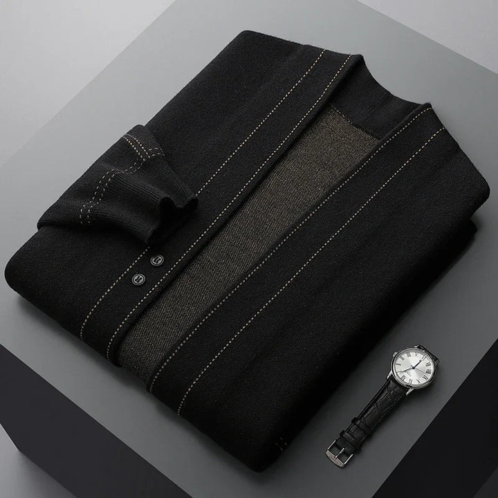 Men's long cardigan styled for comfort & warmth, a key piece of men's apparel for a relaxed look.