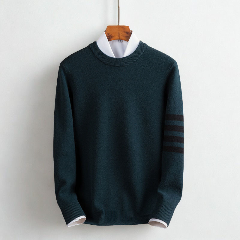 Men's striped long sleeve pullover sweater with ribbed cuffs for cozy everyday fashion.