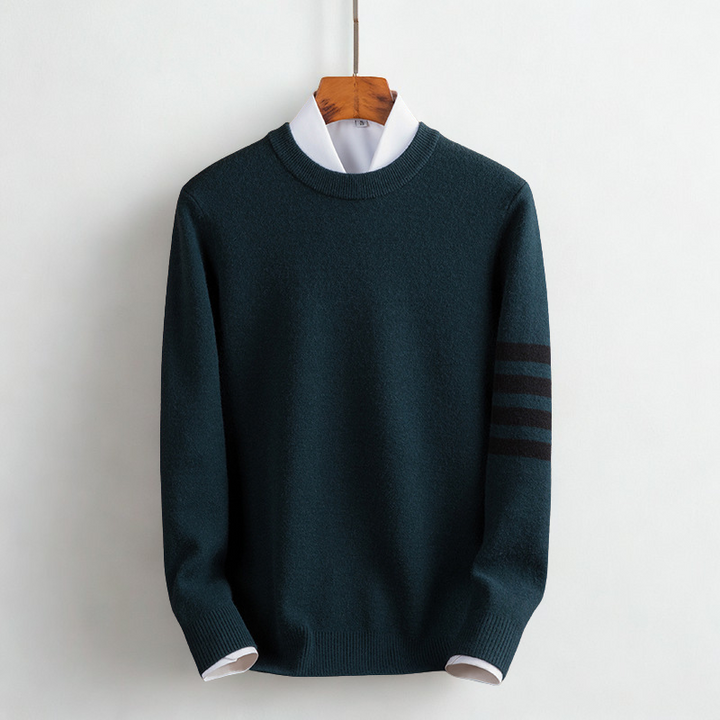 Men's striped long sleeve pullover sweater with ribbed cuffs for cozy everyday fashion.