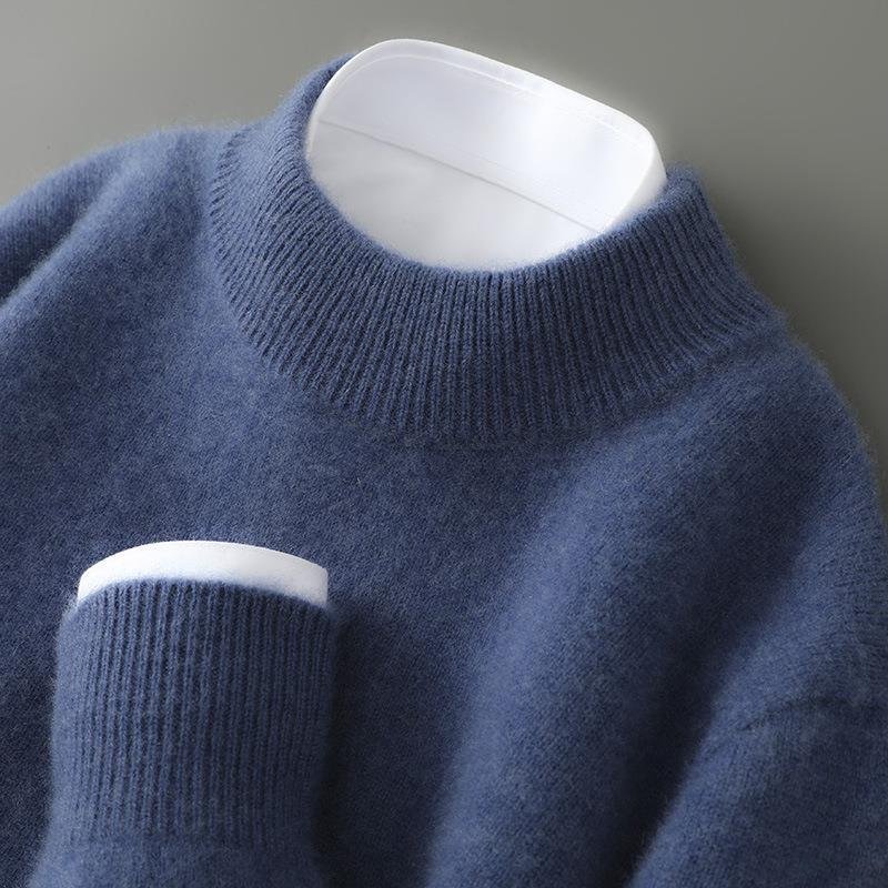 Comfortable men's long sleeve mock neck pullover sweater for elegant casual winter fashion & layering.