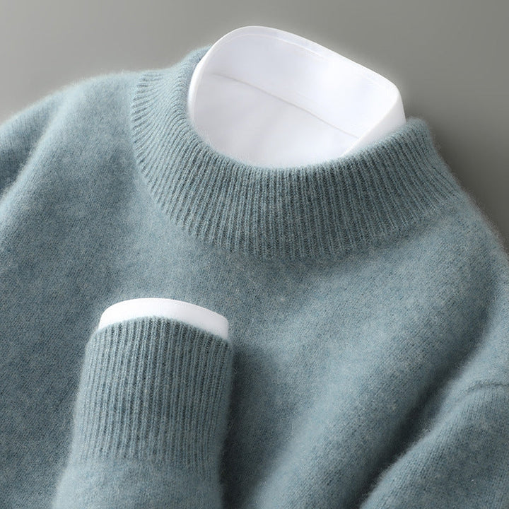 Cozy men's pullover sweater with a mock neck, ideal for comfortable and stylish layering in colder weather.