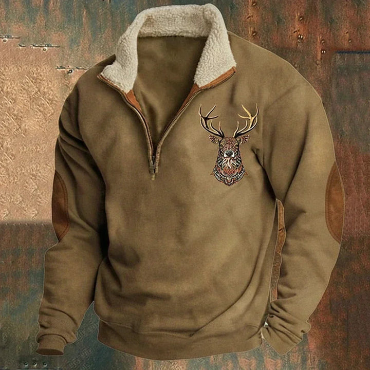Stylish men's Nordic deer pullover. Features a unique deer design, zip collar, and elbow patches for cozy casual wear.