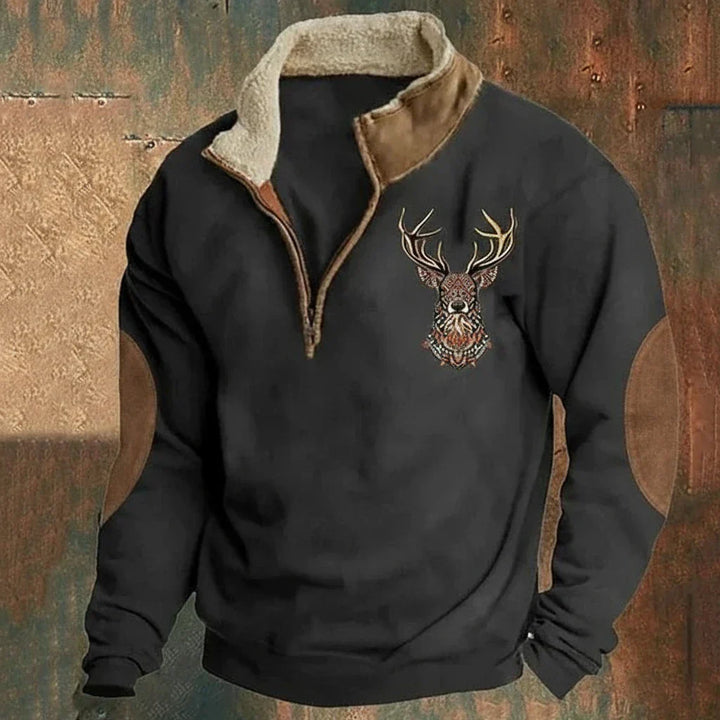 Warm men's Nordic deer sweater. Cozy pullover with a unique deer pattern, practical zip collar & durable elbow patches.