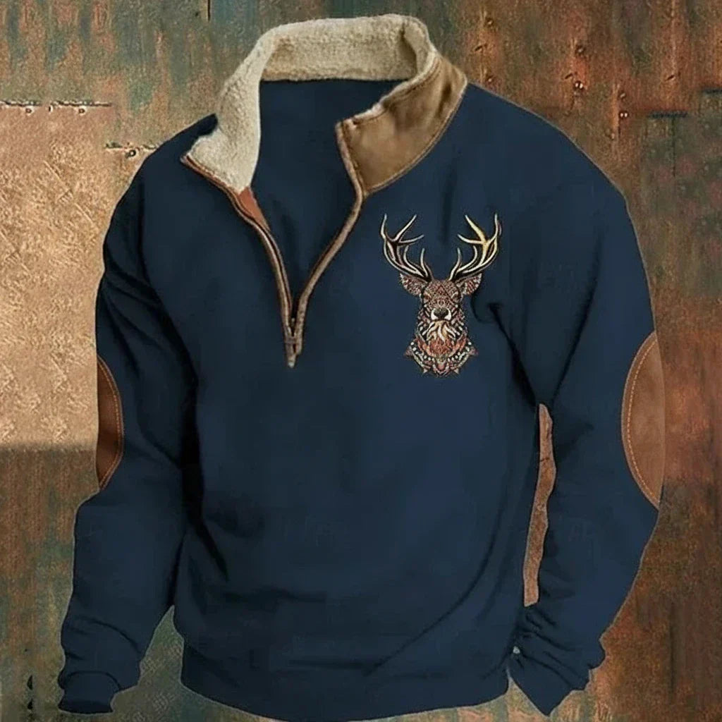 Fall/winter men's Nordic deer sweater. A warm, casual pullover with a zip collar, elbow patches & stylish deer design.